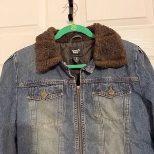 Vintage Coffee Shop Denim Coat Faux Fur Lining-Zip Front Ladies Large